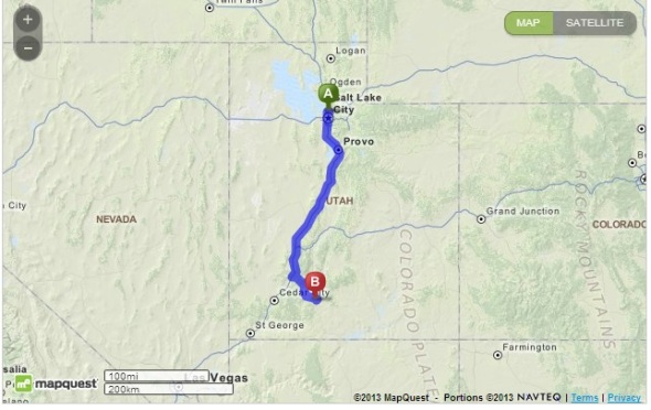 Per Google Map from our house it is "276.50 miles / 4 hours 23 minutes"